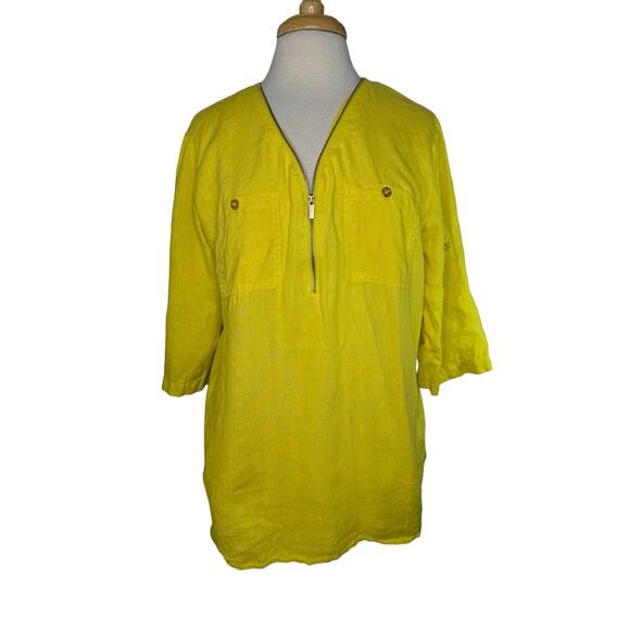Ellen Tracy Tops - COMPANY ELLEN TRACY Limeade Yellow Green 100% Linen Gold Zipper Blouse Large